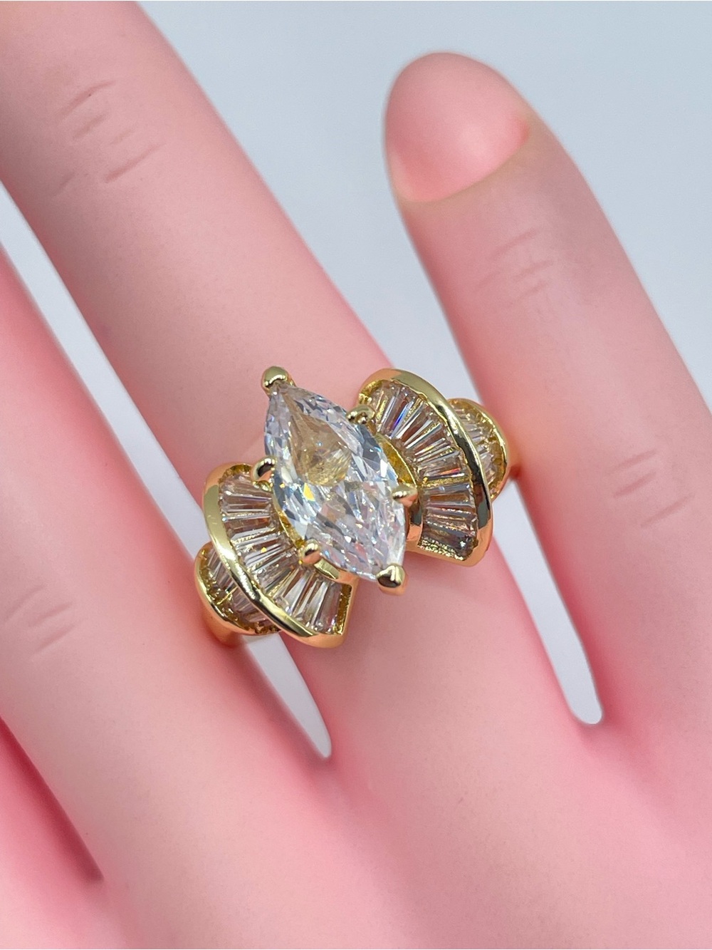 Gold Diamond White CZ Marquis Cut Art Deco Statement Ring Vintage Glam